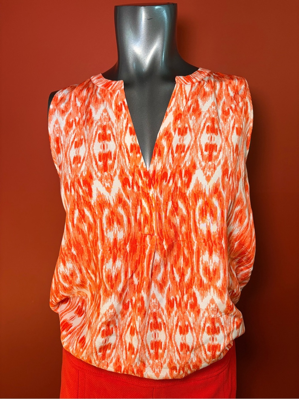 Sleeveless Orange Ikat-Print V-Neck Women's Top